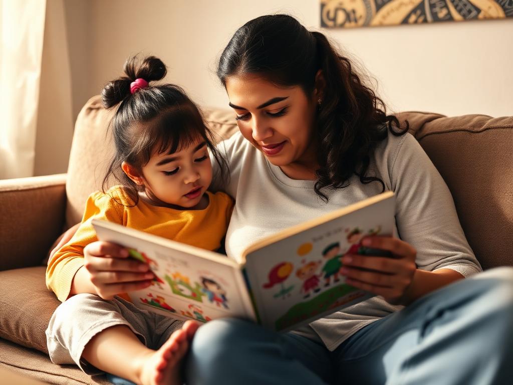 Familia mexicana revisando junto a su hija un material educativo sobre neurodesarrollo