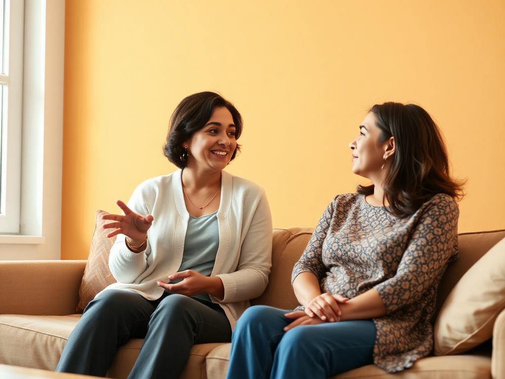 Familia mexicana conversando con una orientadora en un espacio cálido de acompañamiento