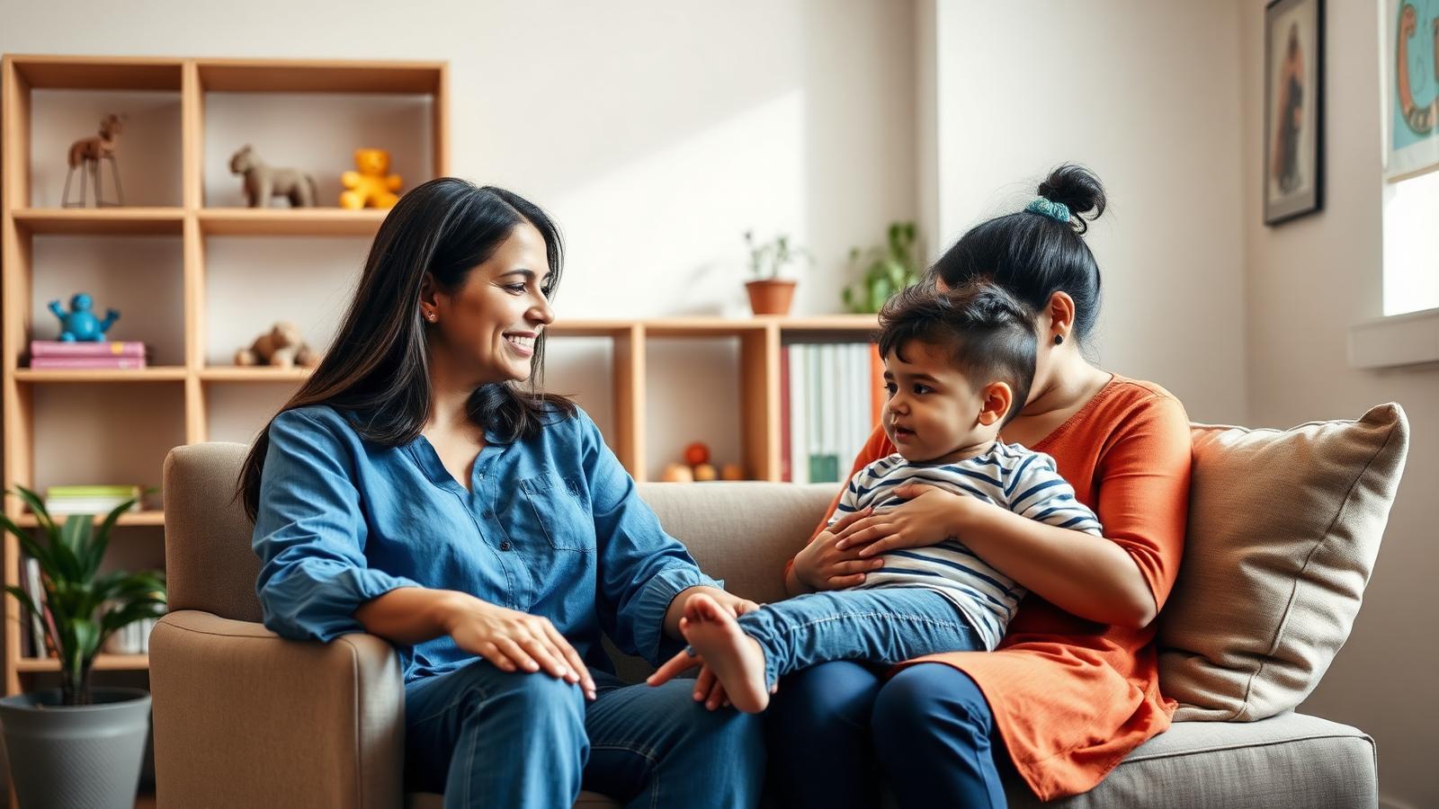 Especialista latinoamericana conversando con una madre y su hijo durante una orientación